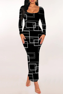 Black Casual Geometric Print Snakeskin Print Contrast O Neck One Step Skirt Dresses