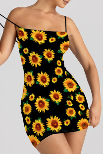 Black Yellow Sexy Print Patchwork Backless Spaghetti Strap Sling Dresses