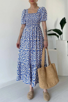 Blue Elegant Print Patchwork Square Neck A Line Dresses