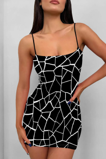 Black And White Sexy Print Patchwork Backless Spaghetti Strap Sling Dresses