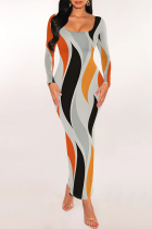 Grey Casual Geometric Print Snakeskin Print Contrast O Neck One Step Skirt Dresses
