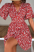 Red Elegant Print Patchwork V Neck A Line Dresses