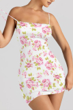 White Sexy Flowers Print Contrast Printed Dresses