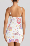 White Sexy Flowers Print Contrast Printed Dresses