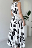 White Elegant Print Patchwork O Neck Long Dresses
