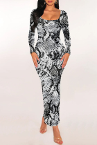 Snake Print Casual Geometric Print Snakeskin Print Contrast O Neck One Step Skirt Dresses