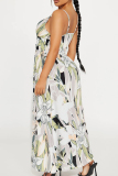White Elegant Print Patchwork Backless Spaghetti Strap Sling Plus Size Dresses