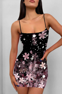 Pink Sexy Print Patchwork Backless Spaghetti Strap Sling Dresses