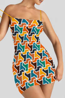 Colour Sexy Print Patchwork Backless Spaghetti Strap Sling Dresses