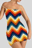 Multicolor Sexy Print Patchwork Backless Spaghetti Strap Sling Dresses