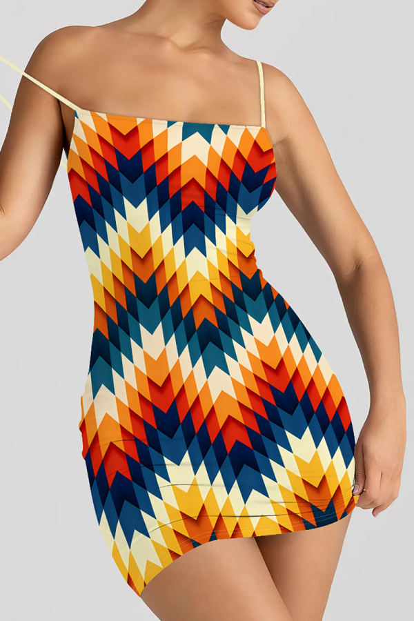 Multicolor Sexy Print Patchwork Backless Spaghetti Strap Sling Dresses