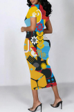 Black Casual Geometric Print Graffiti Print Contrast O Neck One Step Skirt Short Sleeve Dress