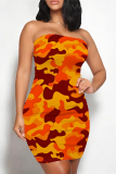 Green Sexy Camouflage Print Contrast Strapless Printed Dresses