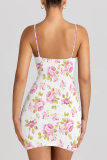 White Sexy Flowers Print Contrast Printed Dresses