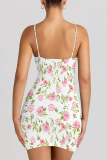 White Sexy Flowers Print Contrast Printed Dresses