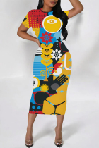 Yellow Casual Geometric Print Graffiti Print Contrast O Neck One Step Skirt Short Sleeve Dress