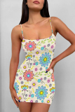 White Sexy Flowers Print Contrast Printed Dresses