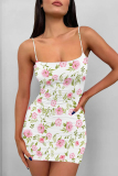 White Sexy Flowers Print Contrast Printed Dresses