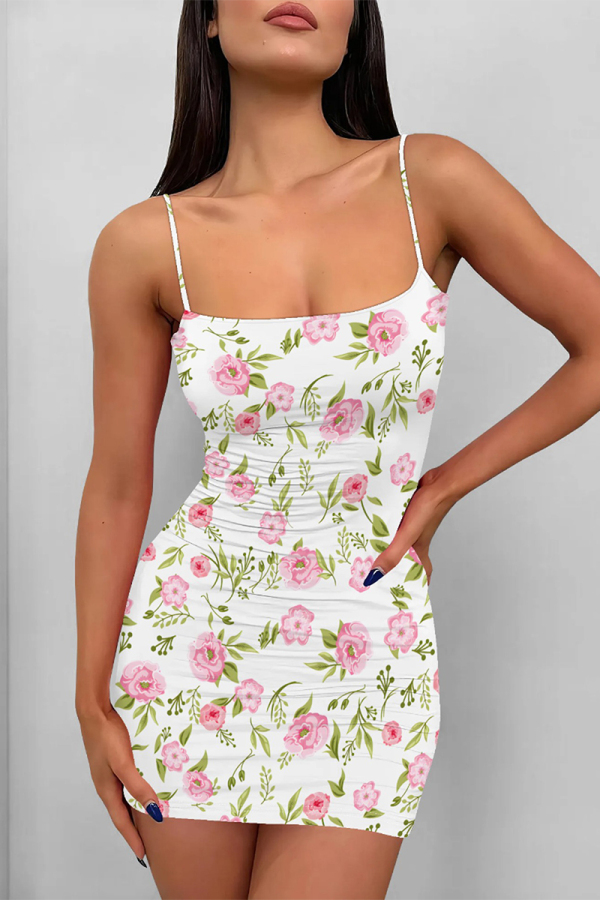 White Sexy Flowers Print Contrast Printed Dresses