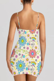 White Sexy Flowers Print Contrast Printed Dresses