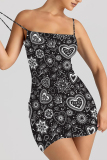 Black White Sexy Floral Print Love Print Contrast Sling Dresses