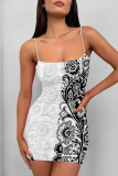 Black White Sexy Floral Print Love Print Contrast Sling Dresses