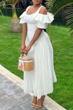White Elegant Solid Color Patchwork Backless Zipper Pleated Ruffled Trim U Neck A Line Dresses