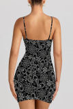 Black White Sexy Floral Print Love Print Contrast Sling Dresses