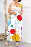 Multicolor Casual Geometric Print Pocket Contrast O Neck Loose Jumpsuits