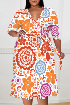 Pink Casual Floral Print Splashed ink printing Lace Up Contrast V Neck Printed Plus Size Dresses