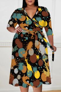 Colour Casual Floral Print Splashed ink printing Lace Up Contrast V Neck Printed Plus Size Dresses