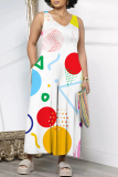 Multicolor Casual Geometric Print Pocket Contrast O Neck Loose Jumpsuits