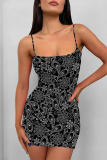 Black White Sexy Floral Print Love Print Contrast Sling Dresses
