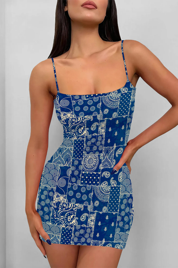 Blue Sexy Floral Print Love Print Contrast Sling Dresses