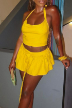 Yellow Sexy Solid Color Patchwork Backless Ruched Strap Design Halter Sleeveless Two Pieces