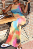 Colour Elegant Print Patchwork O Neck Long Dresses
