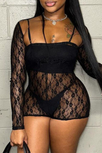 Black Sexy Solid Color Lace Patchwork See-Through Spaghetti Strap Long Sleeve Two Pieces