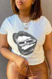 White Casual Street Lips Print O Neck T-Shirts