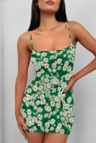 Green Sexy Print Patchwork Backless Spaghetti Strap Sling Dresses