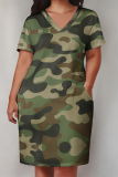 Gray White Casual Camouflage Print Pocket Contrast V Neck Printed Plus Size Dresses