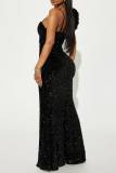 Black Sexy Solid Color Sequins Patchwork Backless High Slit Spaghetti Strap Sling Dresses