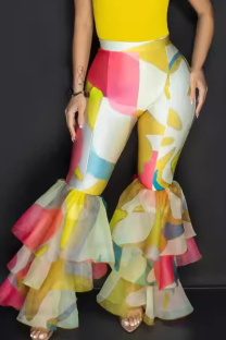 Yellow Sexy Print Patchwork Ruffle Hem Skinny High Waist Speaker Full Print Bottoms