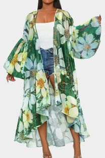 Green Casual Print Patchwork Cardigan Collar Outerwear