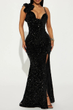 Black Sexy Solid Color Sequins Patchwork Backless High Slit Spaghetti Strap Sling Dresses
