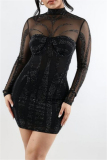Black Sexy Hot Solid Color Patchwork See-Through Hot Drill Turtleneck Wrapped Skirt Dresses