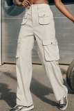 Apricot Casual Solid Color Pocket Buttons Patchwork Zipper Mid Waist Straight Patchwork Bottoms