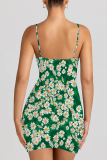 Green Sexy Print Patchwork Backless Spaghetti Strap Sling Dresses