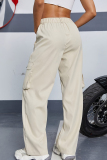 Apricot Casual Solid Color Pocket Buttons Patchwork Zipper Mid Waist Straight Patchwork Bottoms