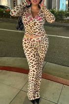 Leopard Print Sexy Leopard Print Patchwork Zipper Zipper Collar Long Sleeve Two Pieces