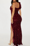 Black Sexy Solid Color Sequins Patchwork Backless High Slit Spaghetti Strap Sling Dresses